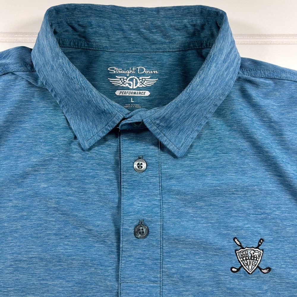 Straight Down Performance Golf Polo Shirt Mens L Blue Heathered CVC Shield Logo